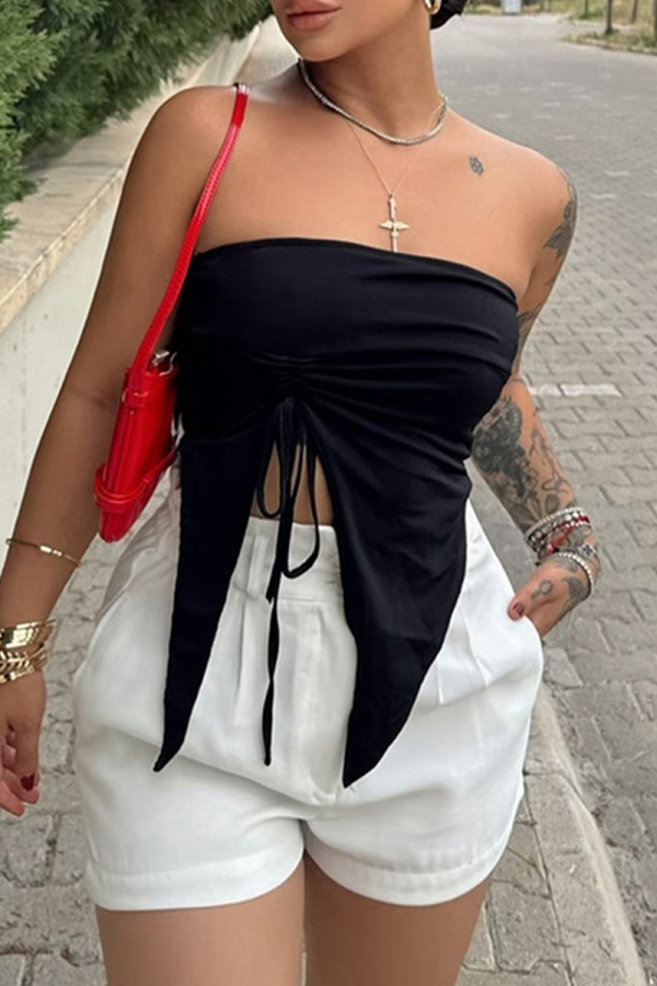 Sexy Hot Solid Color Leopard Print Backless Slit Belted Strapless Tops