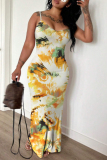 Sexy Casual Print Backless Spaghetti Strap Long Dresses