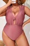 Sexy Solid Color Hollow Out Patchwork Backless Halter Plus Size Swimwear (With Paddings)
