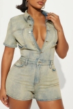 Casual Daily Solid Color Buttons Turndown Collar Short Sleeve Regular Denim Romper