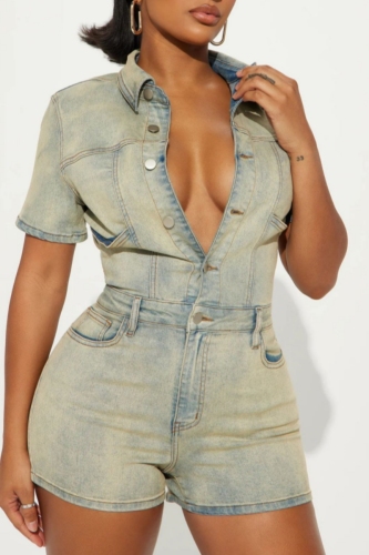 Casual Daily Solid Color Buttons Turndown Collar Short Sleeve Regular Denim Romper