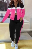 Casual Daily Patchwork Zipper Contrast Hooded Long Sleeve Two Pieces