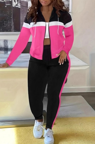 Casual Daily Patchwork Zipper Contrast Hooded Long Sleeve Two Pieces