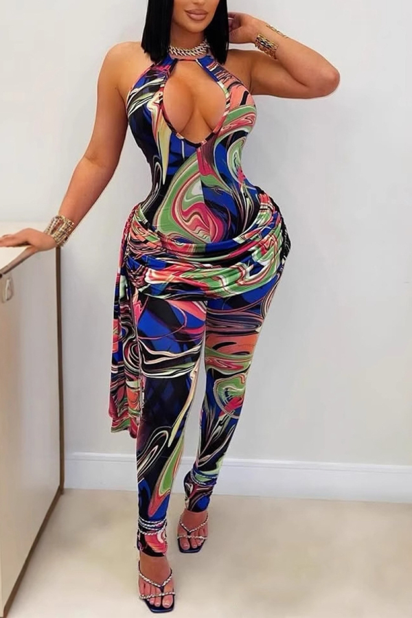 Sexy Hot Print Hollow Out Backless Ruched Halter Skinny Jumpsuits