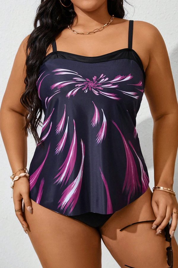 Sexy Print Patchwork Backless Spaghetti Strap Plus Size Swimwear (With Paddings)