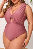 Sexy Solid Color Hollow Out Patchwork Backless Halter Plus Size Swimwear (With Paddings)