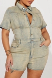 Casual Daily Solid Color Buttons Turndown Collar Short Sleeve Regular Denim Romper