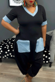 Casual Daily Solid Color Patchwork V Neck Loose Jumpsuits