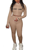 Khaki Fashion Sexy adult Ma'am Letter Solid Two Piece Suits pencil Long Sleeve Two Pieces