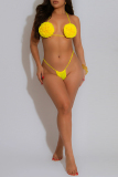 Rose Red 3D Flower Decor Backless Halter Triangle Bikini Sets and Long Skisrts Swimsuit Three Piece Set (Without Paddings)