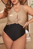 Sexy Hot Patchwork Hollow Out Backless Contrast V Neck Plus Size Swimwear (With Paddings)