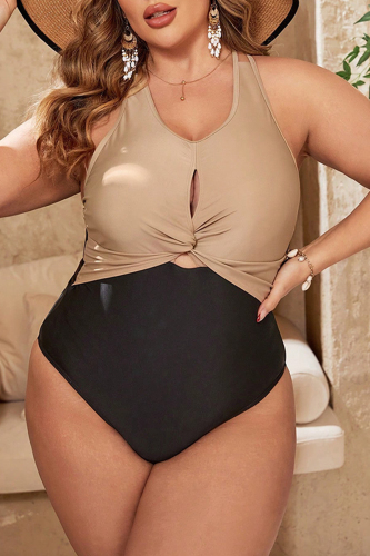 Sexy Hot Patchwork Hollow Out Backless Contrast V Neck Plus Size Swimwear (With Paddings)