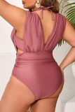 Sexy Solid Color Hollow Out Patchwork Backless Halter Plus Size Swimwear (With Paddings)