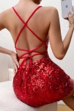Sexy Solid Color Sequins Patchwork Backless Spaghetti Strap Wrapped Skirt Dresses