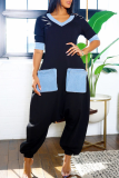 Casual Daily Solid Color Patchwork V Neck Loose Jumpsuits
