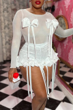 Sexy Hot Solid Color Lace Patchwork See-Through Bow Decor O Neck Long Sleeve Two Pieces