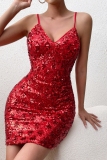 Sexy Solid Color Sequins Patchwork Backless Spaghetti Strap Wrapped Skirt Dresses