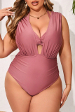 Sexy Solid Color Hollow Out Patchwork Backless Halter Plus Size Swimwear (With Paddings)