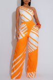 Casual Daily Print Backless Oblique Collar Regular Jumpsuits