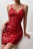 Sexy Solid Color Sequins Patchwork Backless Spaghetti Strap Wrapped Skirt Dresses