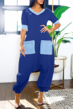 Casual Daily Solid Color Patchwork V Neck Loose Jumpsuits