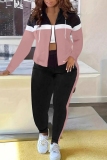 Casual Daily Patchwork Zipper Contrast Hooded Long Sleeve Two Pieces
