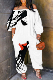 White Abstract Print Off Shoulder Long Lantern Sleeve Loose Plus Size Overall Jumpsuits