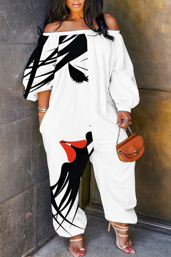 White Abstract Print Off Shoulder Long Lantern Sleeve Loose Plus Size Overall Jumpsuits