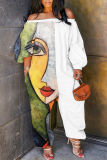 White Abstract Print Off Shoulder Long Lantern Sleeve Loose Plus Size Overall Jumpsuits