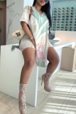 Casual Print Slit V Neck Short Sleeve Two Pieces
