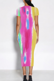 Casual Print Patchwork O Neck Wrapped Skirt Dresses