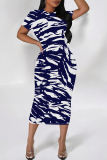 Casual Print Patchwork O Neck Wrapped Skirt Dresses