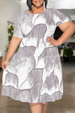 Casual Print Patchwork O Neck Long Plus Size Dresses