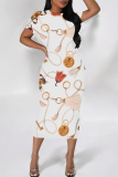 Casual Print Patchwork O Neck Wrapped Skirt Dresses