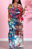 Casual Print Pocket Slit V Neck Long Dresses