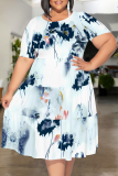 Casual Print Patchwork O Neck Long Plus Size Dresses