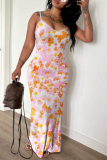 Sexy Casual Print Backless Spaghetti Strap Long Dresses