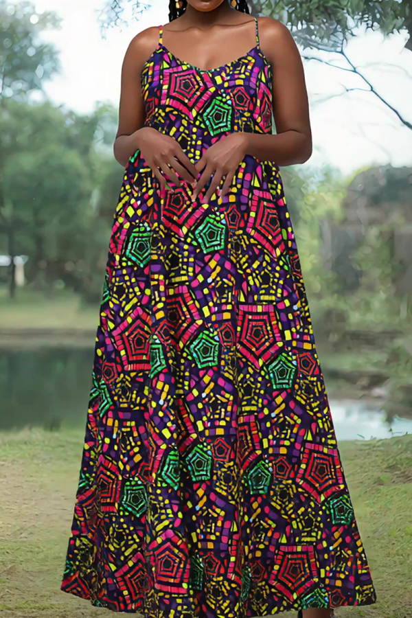 Sexy Print Patchwork Spaghetti Strap Long Plus Size Dresses
