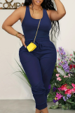 Casual Solid Color Pocket Lace Up U Neck Sleeveless Two Pieces