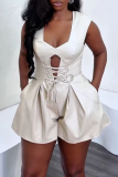 Sexy Solid Color Hollow Out Cross Straps Asymmetrical Collar Loose Rompers