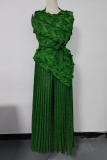 Elegant Solid Color Pleated Irregular Hem O Neck Sleeveless Two Pieces