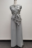 Elegant Solid Color Pleated Irregular Hem O Neck Sleeveless Two Pieces