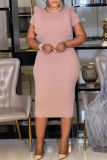 Pink O Neck Short Sleeve Ruffle Trim Bandage Crystal Casual Formal Office Lady Bodycon Midi Dresses