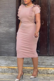 Pink O Neck Short Sleeve Ruffle Trim Bandage Crystal Casual Formal Office Lady Bodycon Midi Dresses
