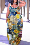 Sexy Casual Print Backless Spaghetti Strap Long Dresses