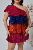 Party Formal Patchwork Sequins Backless Oblique Collar Princess Plus Size Dresses