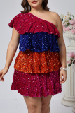 Party Formal Patchwork Sequins Backless Oblique Collar Princess Plus Size Dresses