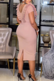 Pink O Neck Short Sleeve Ruffle Trim Bandage Crystal Casual Formal Office Lady Bodycon Midi Dresses