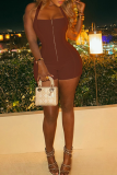 Sexy Solid Color Backless Zipper Halter Skinny Rompers