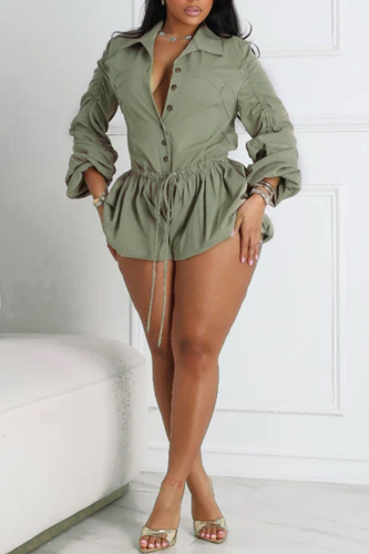 Light Gray Green Turndown Collar Long Sleeve Draw String Lace Up Buttons Casual Vacation Romper Light Gray Green Turndown Collar Long Sleeve Draw String Lace Up Buttons Casual Vacation Romper
